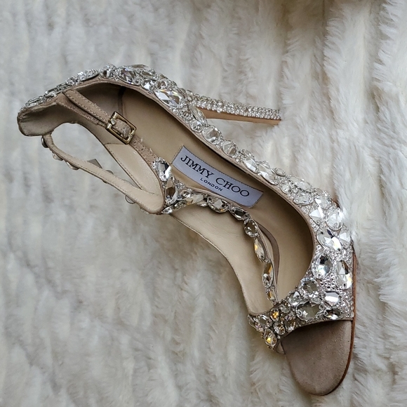 NIB Jimmy Choo Tstrap Rox Nude Crystal Shoes Size 37 - Picture 5 of 11